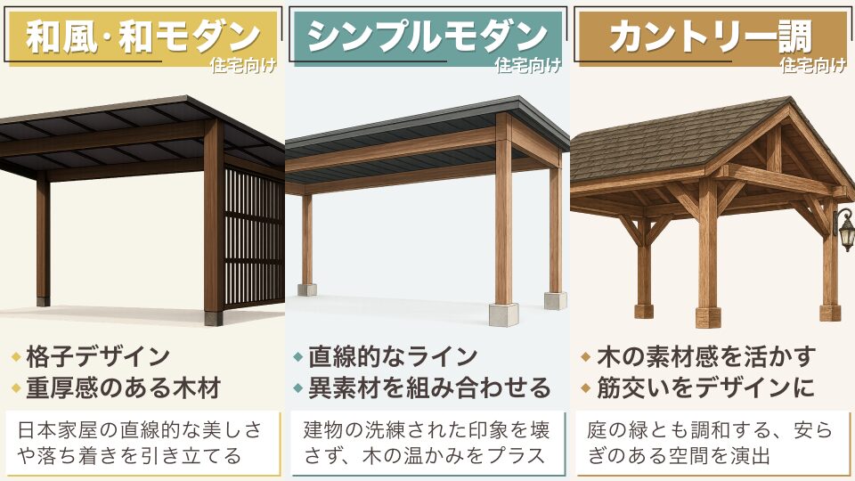 和風、モダン、ナチュラルな住宅に調和する木製カーポートのデザイン