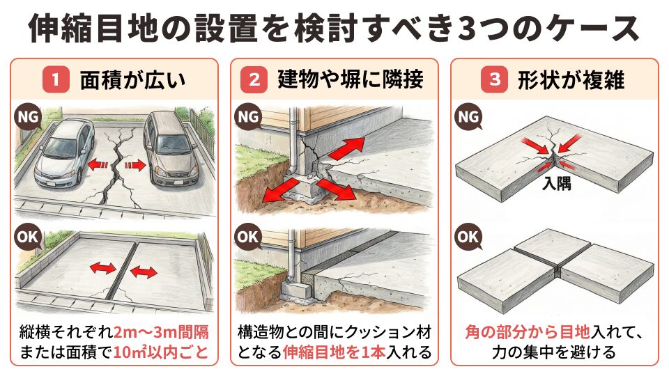 伸縮目地の設置を検討すべき3つのケース