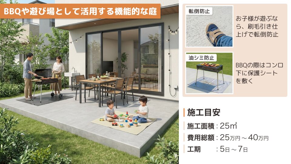 BBQや子供の遊び場として活用する機能的な庭