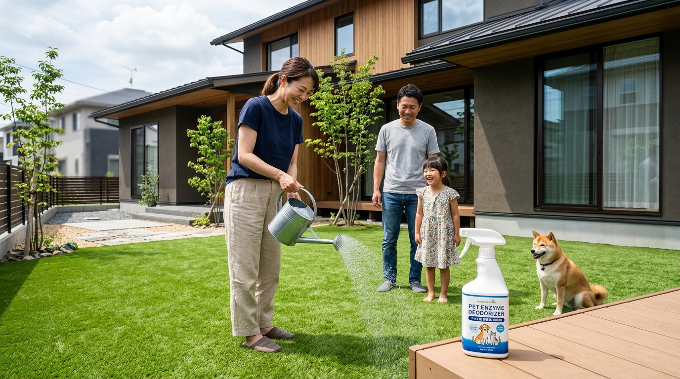 ペット用の酵素系消臭剤の製品パッケージと、ジョウロで人工芝に撒いている様子の写真。]