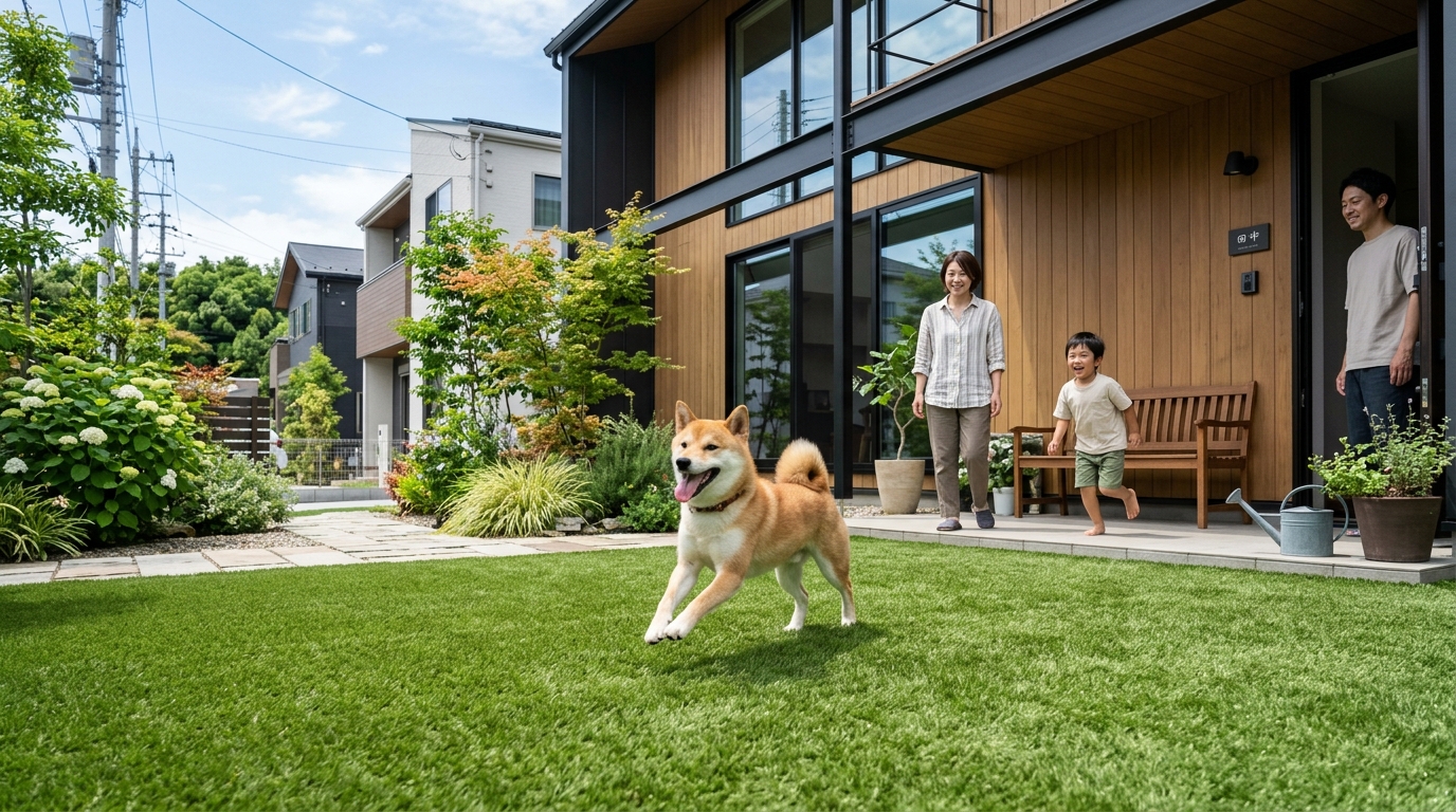 クッション性の高い人工芝の上を、楽しそうに駆け回る犬の写真]
