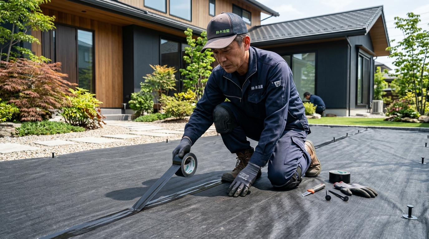 プロの職人が防草シートのつなぎ目を専用テープで丁寧に固定している作業風景の写真]