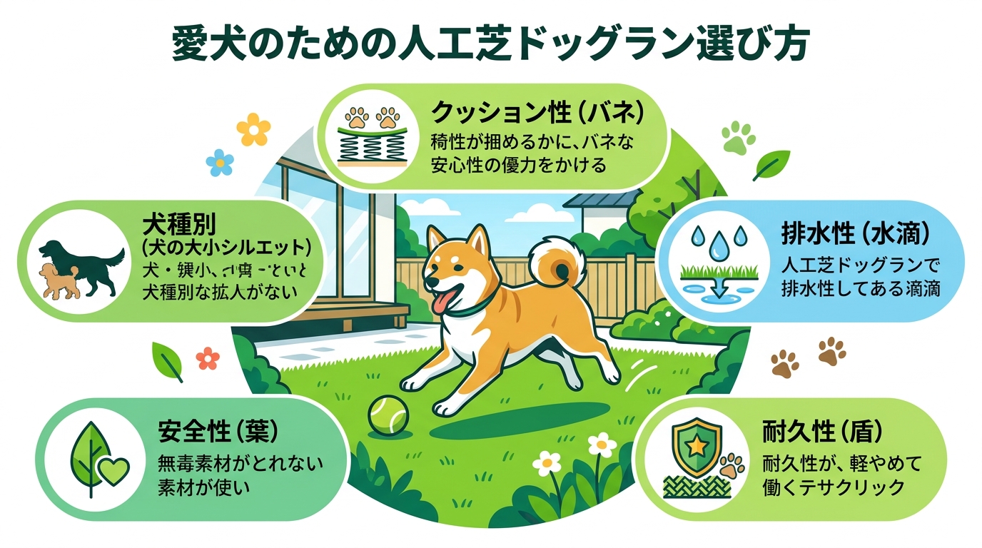 日本人と日本人の近代住宅・風景。参照画像の画風・テイスト・タッチでのイラストの作成。必要に応じてカラーにして。, 「愛犬のための人工芝ドッグラン選び方」というインフォグラフィック。中央に人工芝の上で走