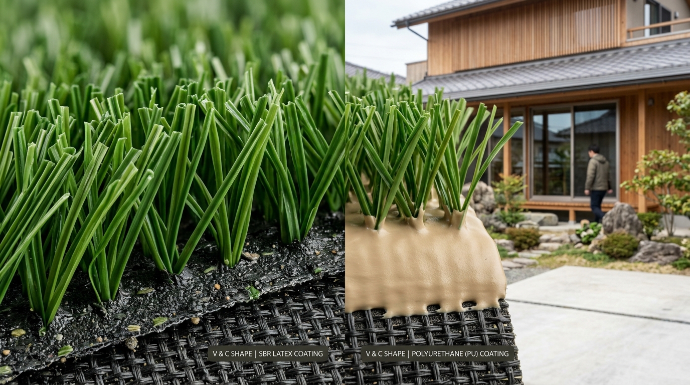 芝葉の断面形状（V字、C字など）のアップ写真と、裏面コーティング（ポリウレタンとSBRラテックス）の違いが分かる写真]
