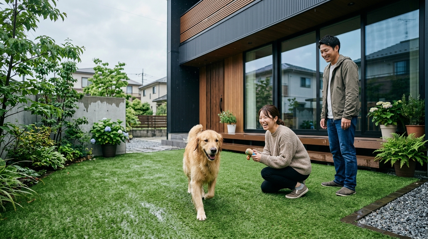 雨上がりの人工芝の上で遊んでいるが、足元が全く汚れていない犬の写真]