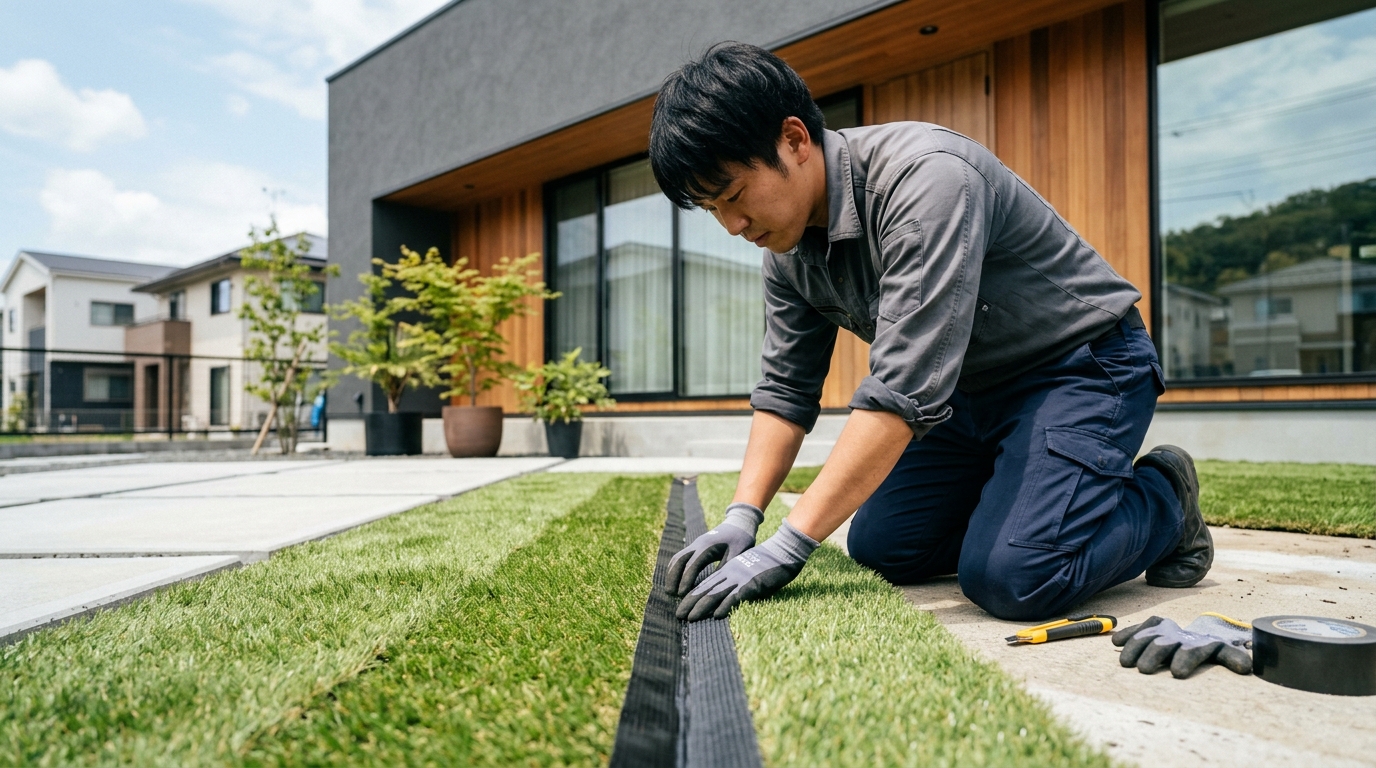人工芝の継ぎ目部分をジョイントテープで接着している作業工程の写真。]