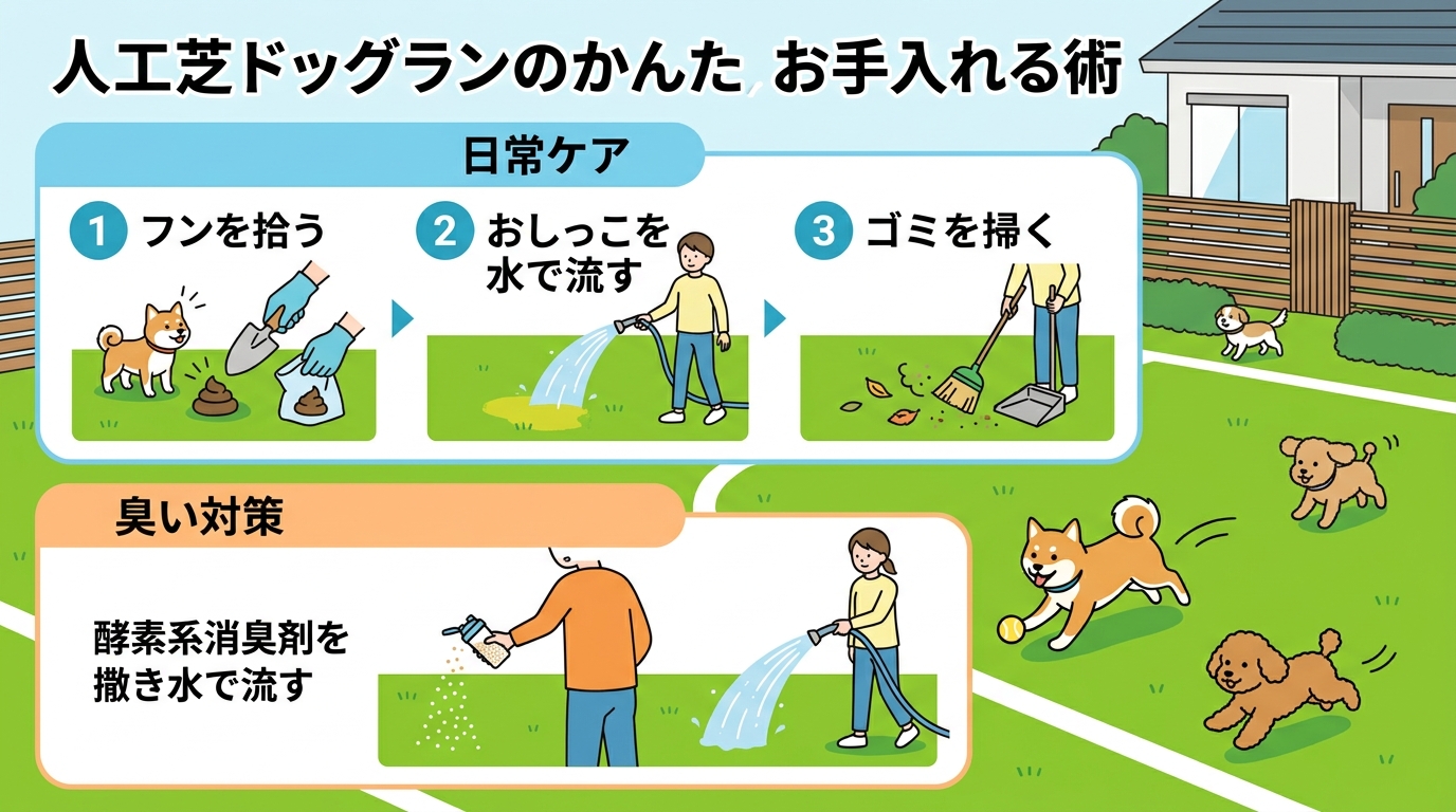 日本人と日本人の近代住宅・風景。参照画像の画風・テイスト・タッチでのイラストの作成。必要に応じてカラーにして。, 「人工芝ドッグランのかんたんお手入れ術」というタイトルのインフォグラフィック。上段に「