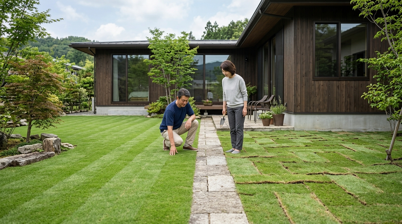 芝目の方向が揃っている場合とバラバラな場合の比較写真。揃っている方は継ぎ目が目立たず、バラバラな方は継ぎ目が線のように見えてしまっている様子。]