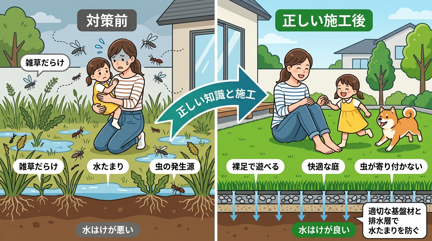 日本人と日本人の近代住宅・風景。参照画像の画風・テイスト・タッチでのイラストの作成。必要に応じてカラーにして。, 人工芝の虫対策をテーマにしたインフォグラフィック。左右分割の比較図で、左に「対策前」と