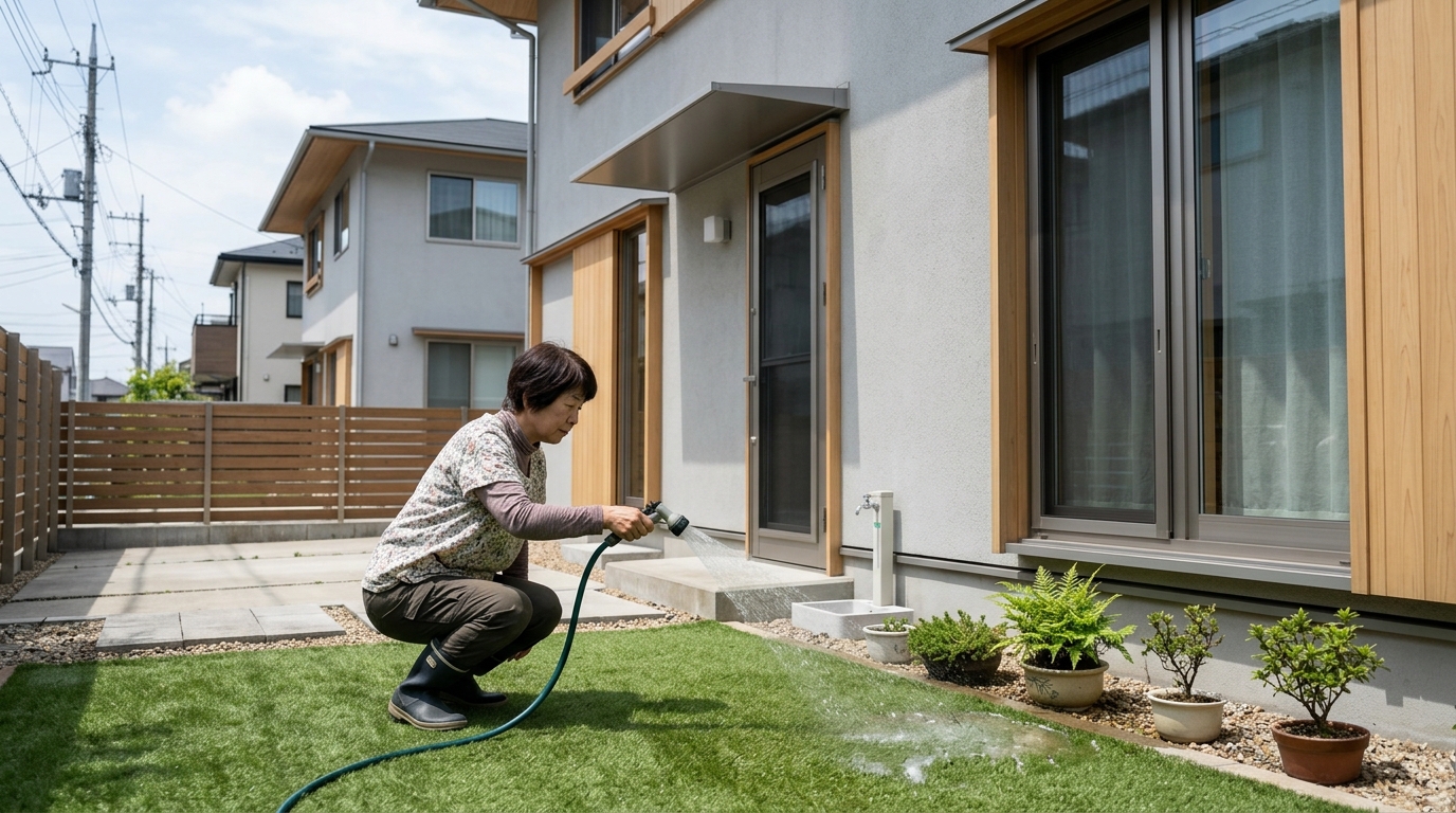 人工芝の上でホースを使って簡単におしっこを洗い流している様子の写真]