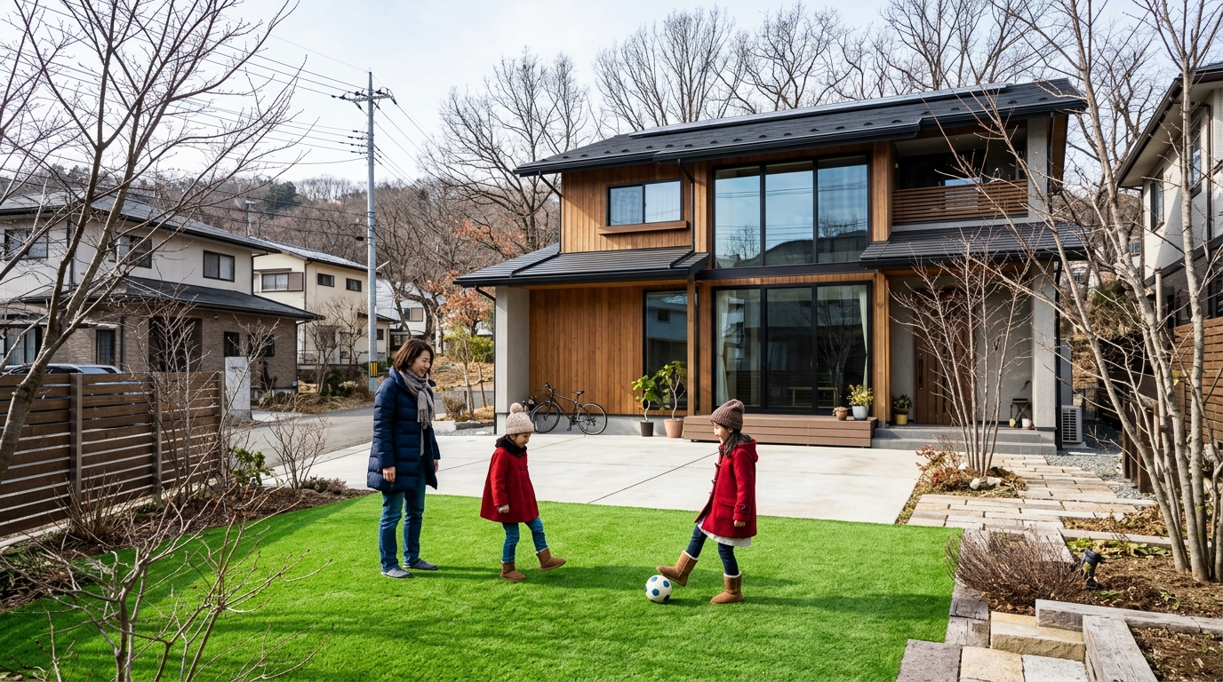 冬場で周りの木々は葉が落ちているが、庭の人工芝だけは青々としている様子がわかる比較写真]