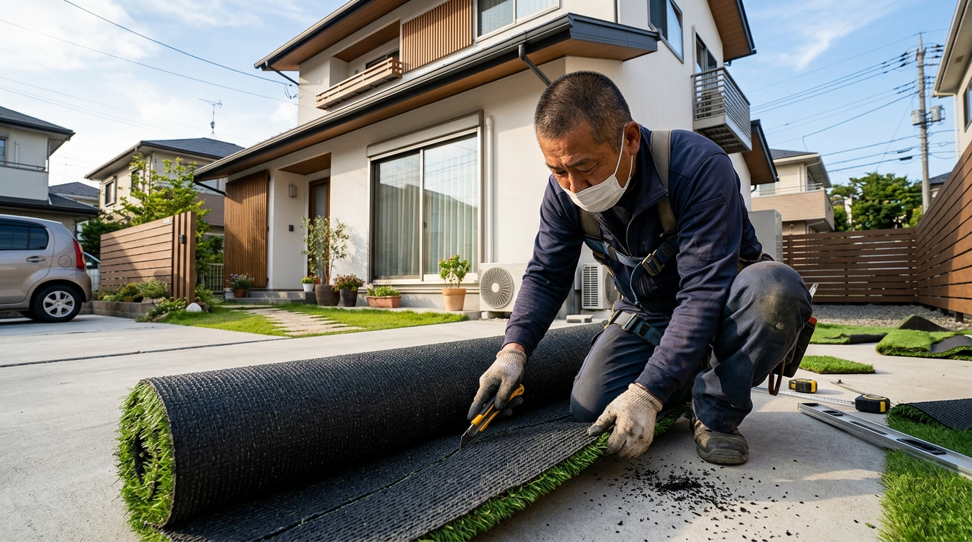 人工芝の裏面からカッターでカットしている様子。]