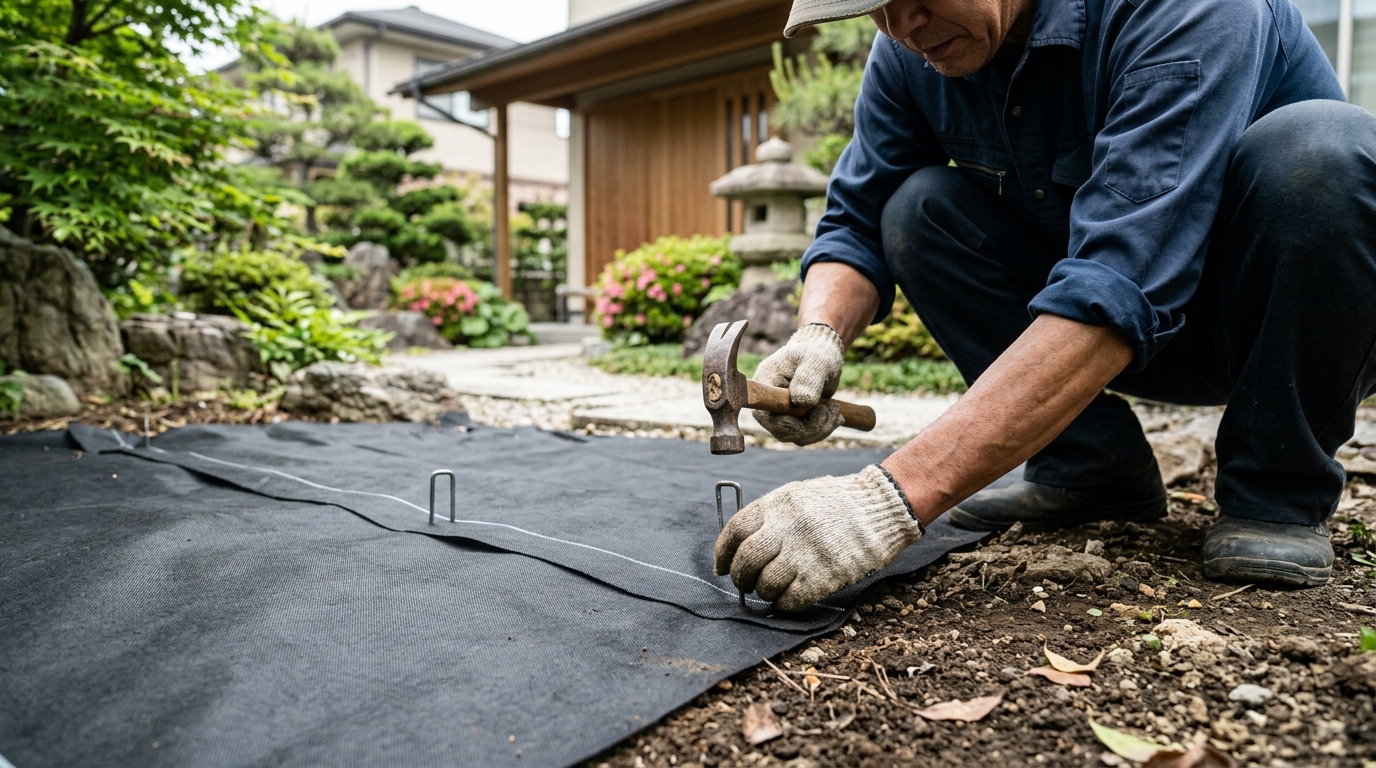 防草シートを10cm重ねて敷き、U字ピンで固定している手元のアップ写真。]