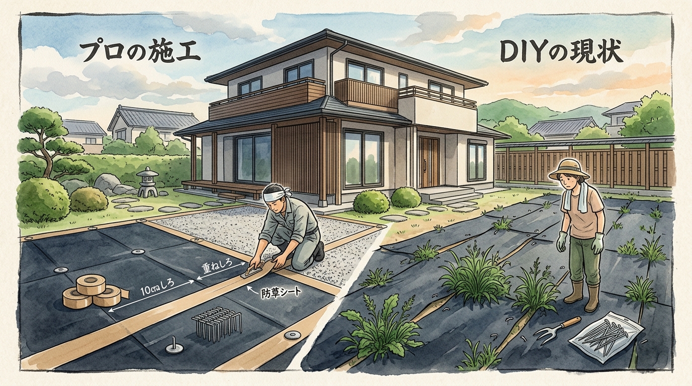 プロが施工した防草シート（10cm以上重ねて専用テープで固定されている状態）と、DIYで施工され隙間から雑草が生えている防草シートの比較写真。]