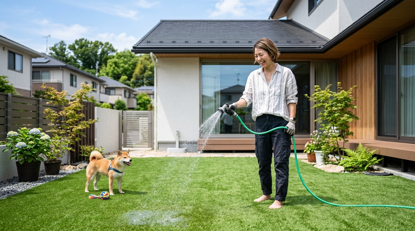 人工芝の上のおしっこ跡をホースの水で洗い流している様子の写真。手軽さが伝わるように、楽しげな雰囲気で。]