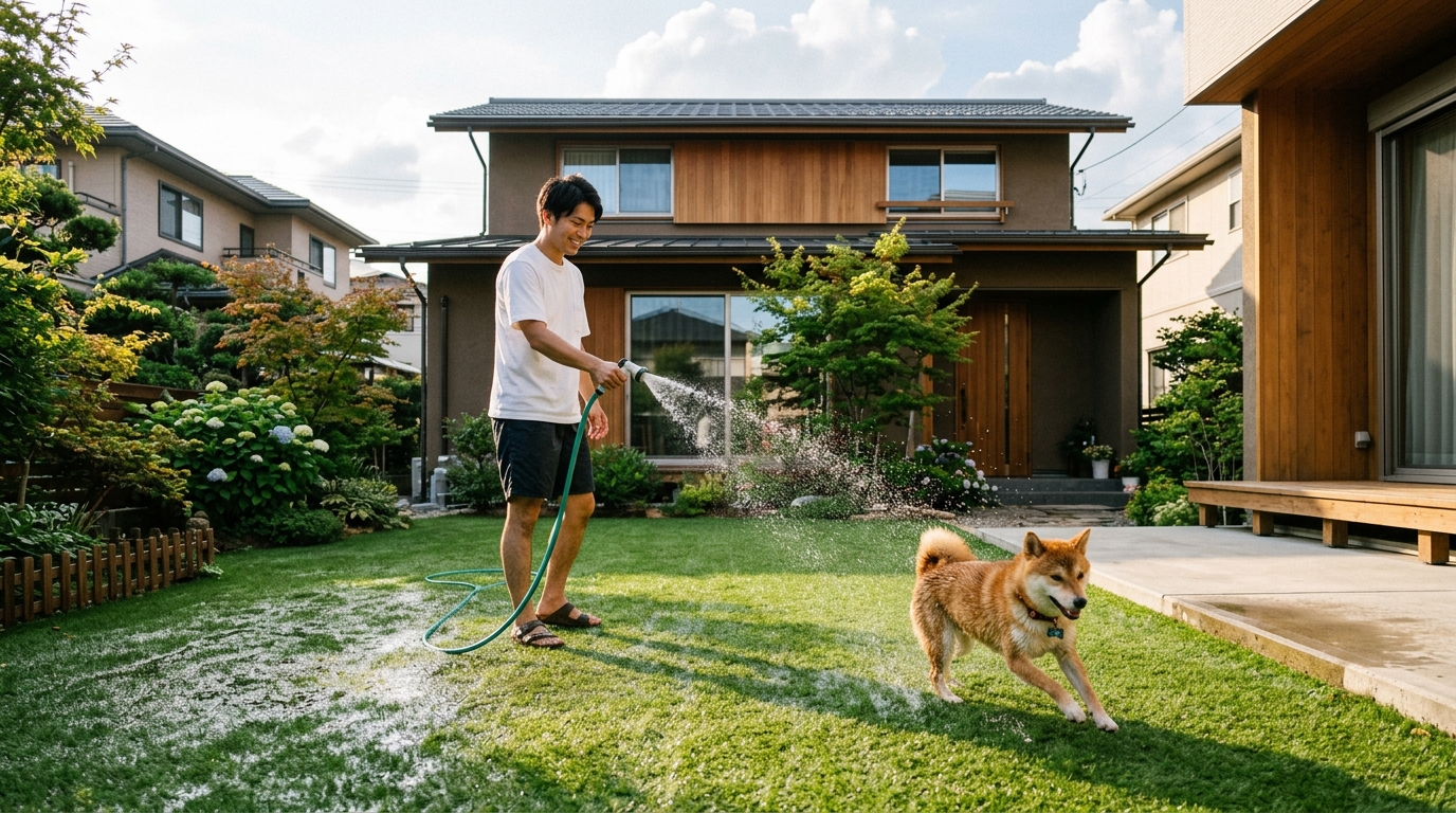 夏の日に人工芝に散水している様子。犬が気持ちよさそうに濡れた芝の上で遊んでいる写真。]