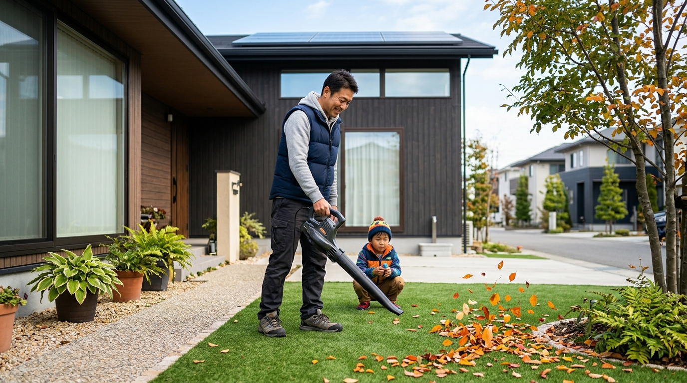 電動ブロワーを使って人工芝の上の落ち葉を気持ちよく吹き飛ばしている様子の写真]
