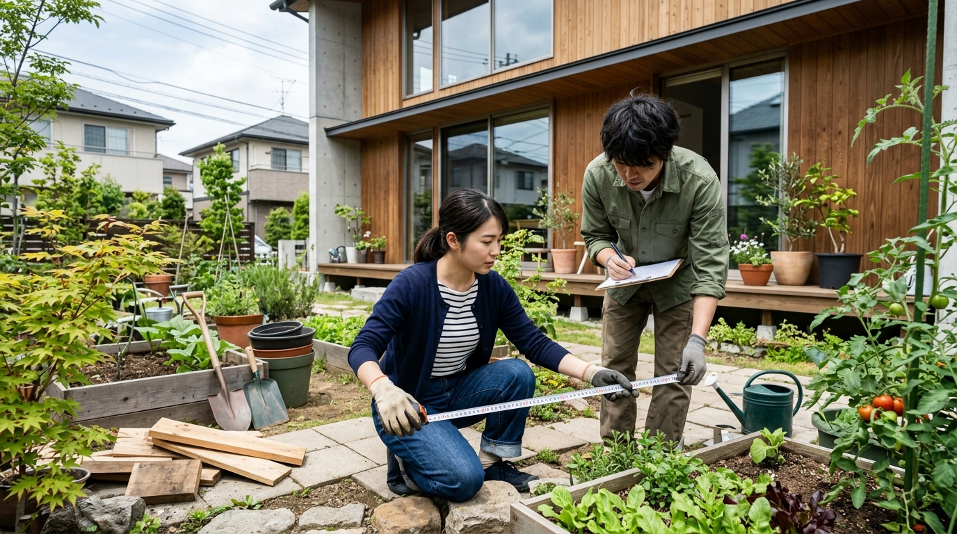 庭のサイズをメジャーで測っている様子。DIY感のある写真。]