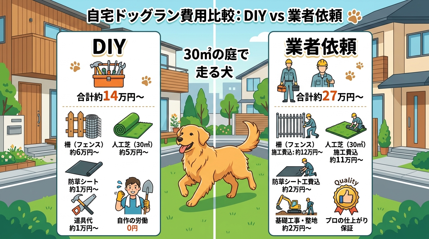 日本人と日本人の近代住宅・風景。参照画像の画風・テイスト・タッチでのイラストの作成。必要に応じてカラーにして。, 自宅ドッグラン費用を比較するインフォグラフィック。フラットデザインのデジタルイラストで