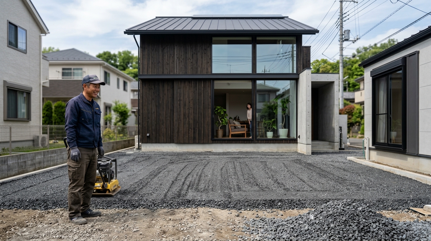 人工芝の下に、水はけの良い砕石が均一に敷き詰められ、転圧されている施工途中の写真]