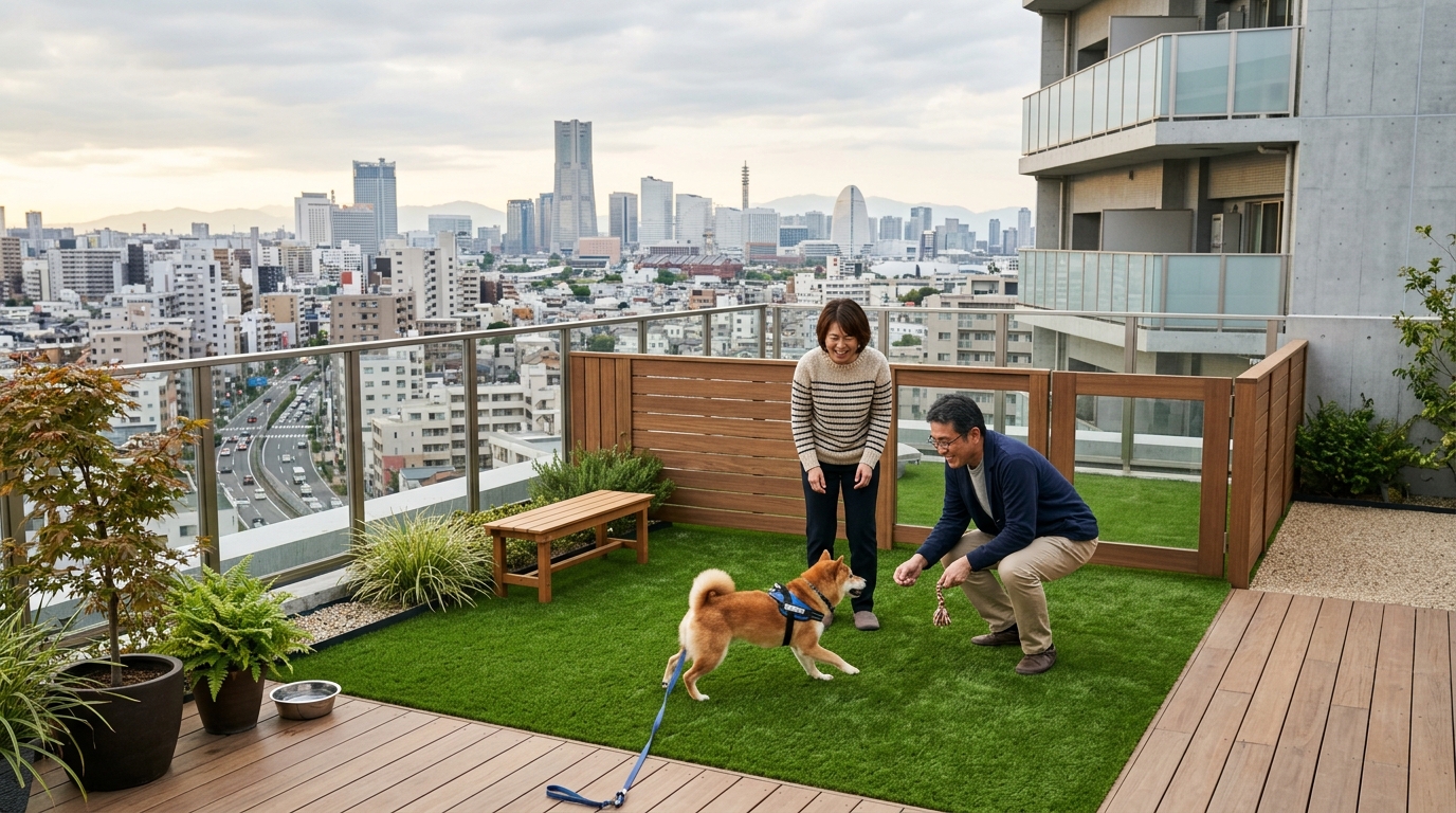 マンションの広いベランダや、戸建ての屋上に人工芝を敷いて作られたドッグランの施工事例写真]
