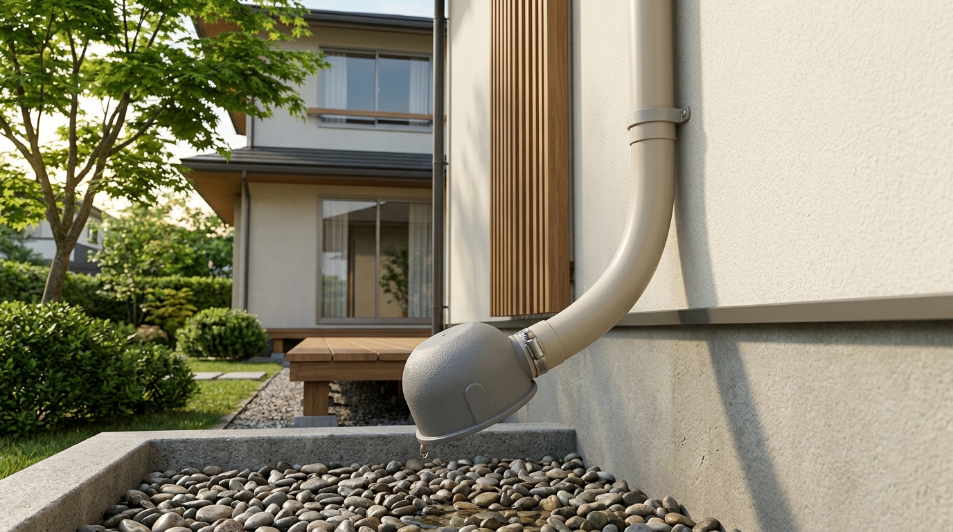 エアコンのドレンホースに防虫キャップが取り付けられている様子のクローズアップ写真]