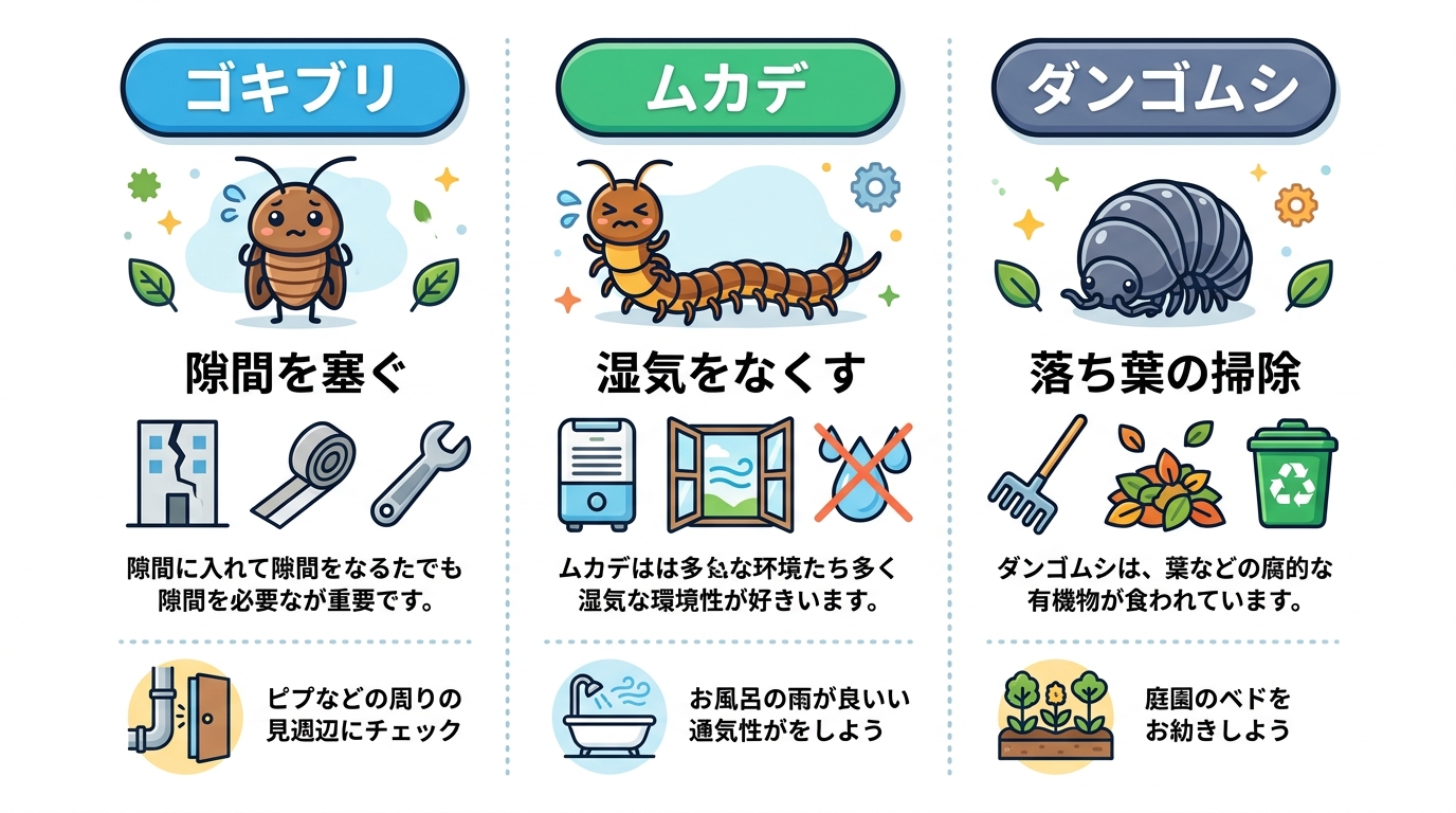 日本人と日本人の近代住宅・風景。参照画像の画風・テイスト・タッチでのイラストの作成。必要に応じてカラーにして。, 害虫対策の比較インフォグラフィック。白背景にフラットデザインのデジタルイラスト。画面を