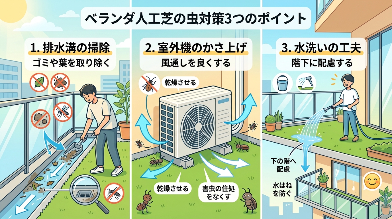 日本人と日本人の近代住宅・風景。参照画像の画風・テイスト・タッチでのイラストの作成。必要に応じてカラーにして。, 「ベランダ人工芝の虫対策3つのポイント」というタイトルのインフォグラフィック。明るい配