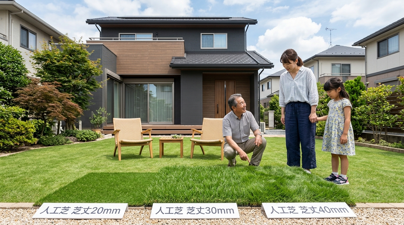 芝丈20mm、30mm、40mmの人工芝を並べて、見た目とボリューム感の違いが分かる比較写真]