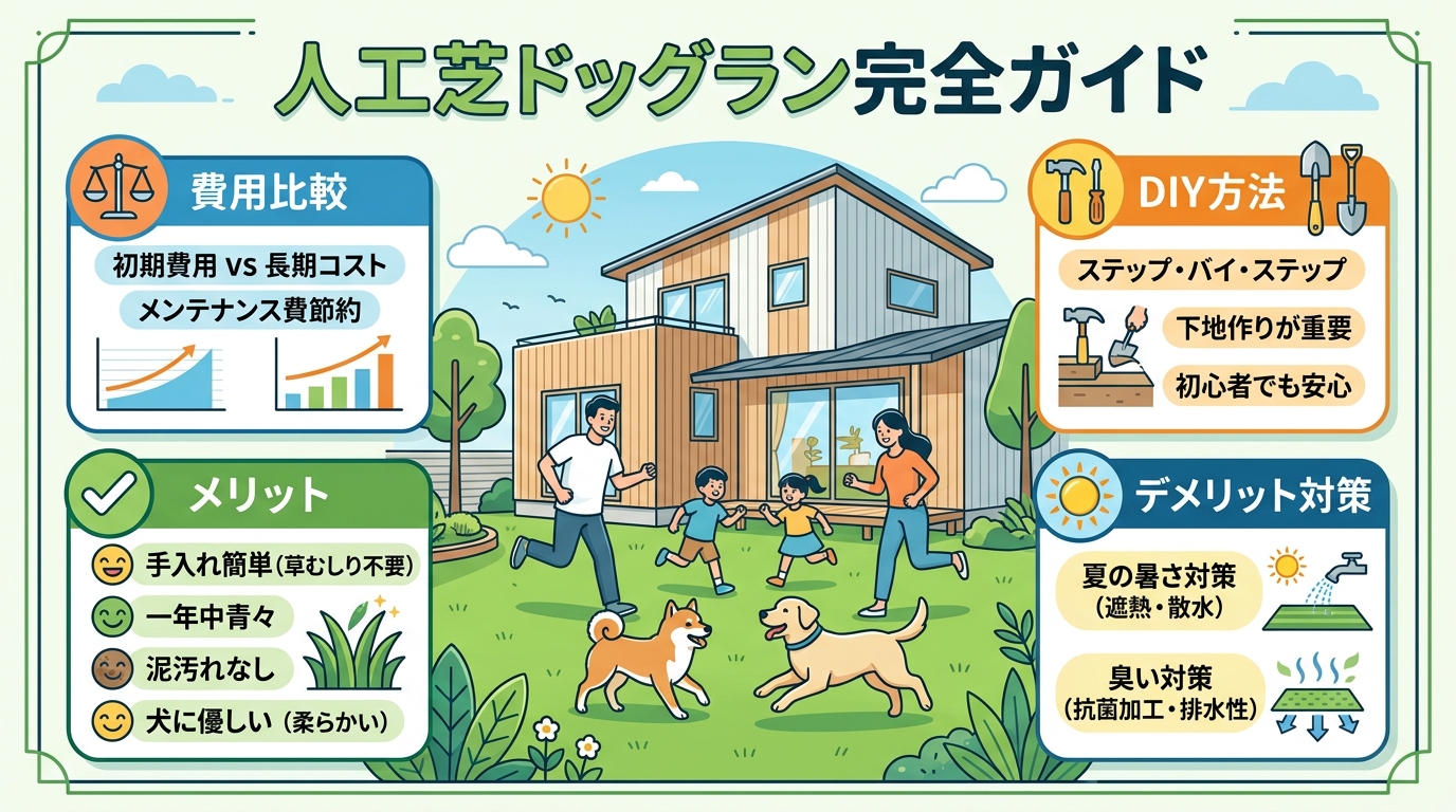 日本人と日本人の近代住宅・風景。参照画像の画風・テイスト・タッチでのイラストの作成。必要に応じてカラーにして。, インフォグラフィック、フラットデザイン。「人工芝ドッグラン完全ガイド」という大きなタイ