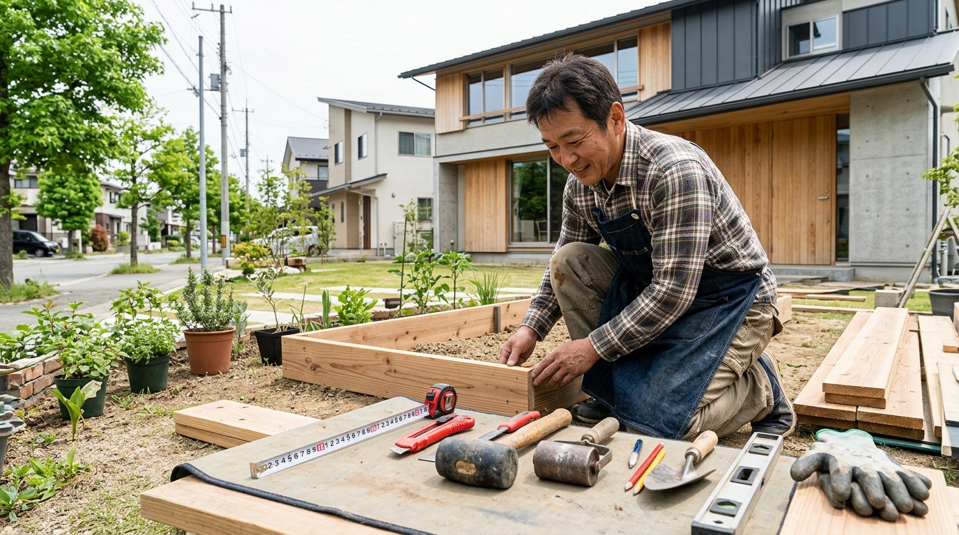 DIYで使う道具一式（メジャー、カッター、ゴムハンマー、転圧ローラーなど）を並べた写真]