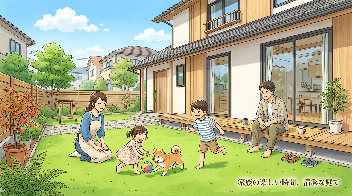 清潔感のある青々とした人工芝の庭で、小さな子供やペットが安心して遊んでいる様子のイメージ写真。虫の不安を払拭し、読者が得られる理想の未来を喚起させる。]