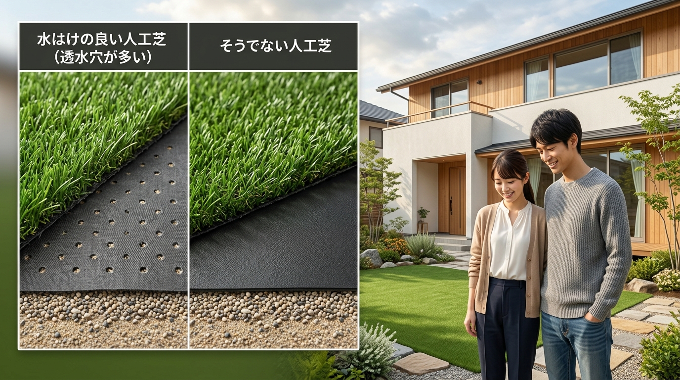 水はけの良い人工芝（透水穴が多い）と、そうでない人工芝の裏面を並べて比較している写真]