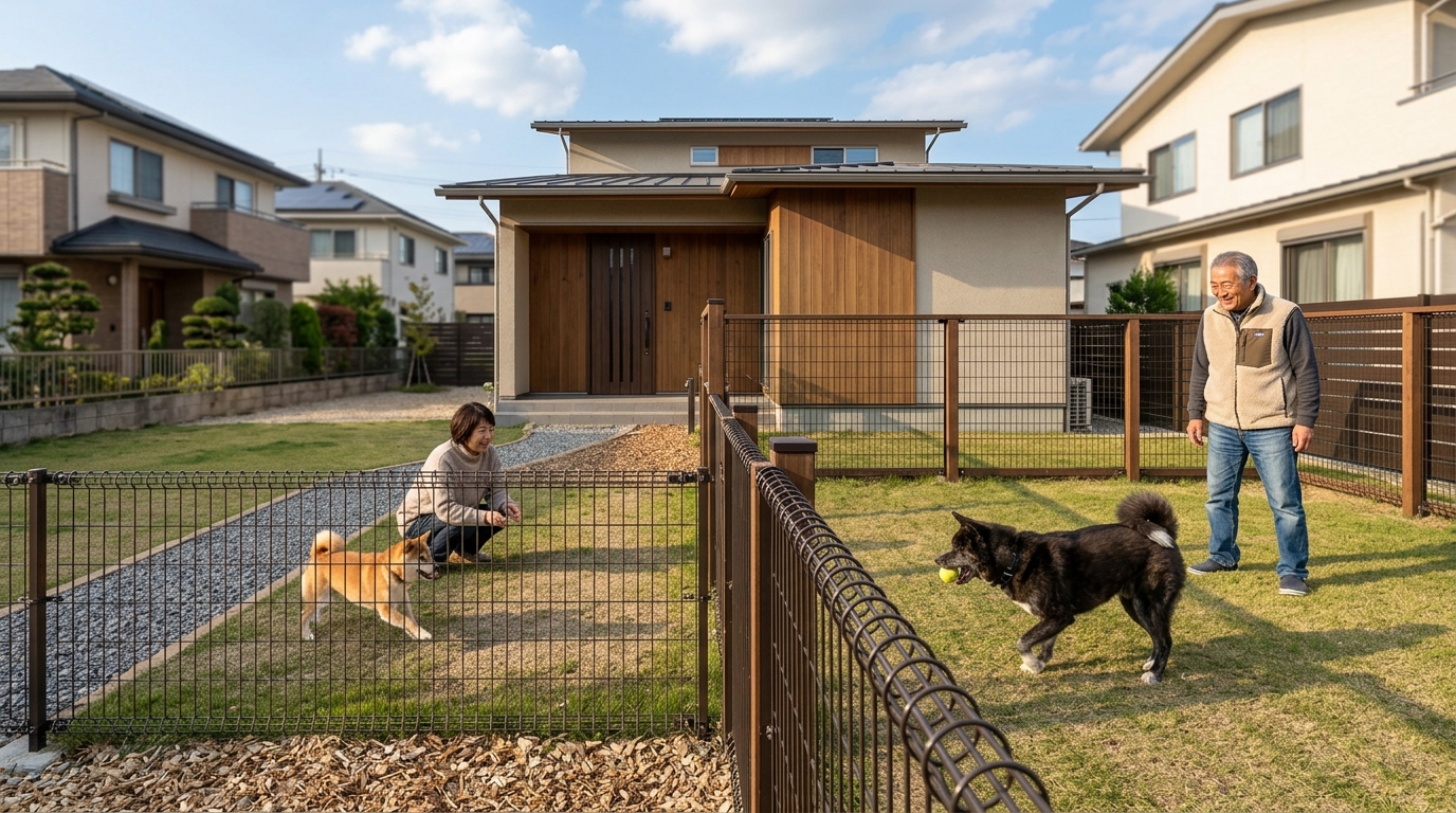 小型犬用と大型犬用のフェンスの高さを比較した写真、または犬が楽しそうにフェンス付きドッグランで遊んでいる写真。]