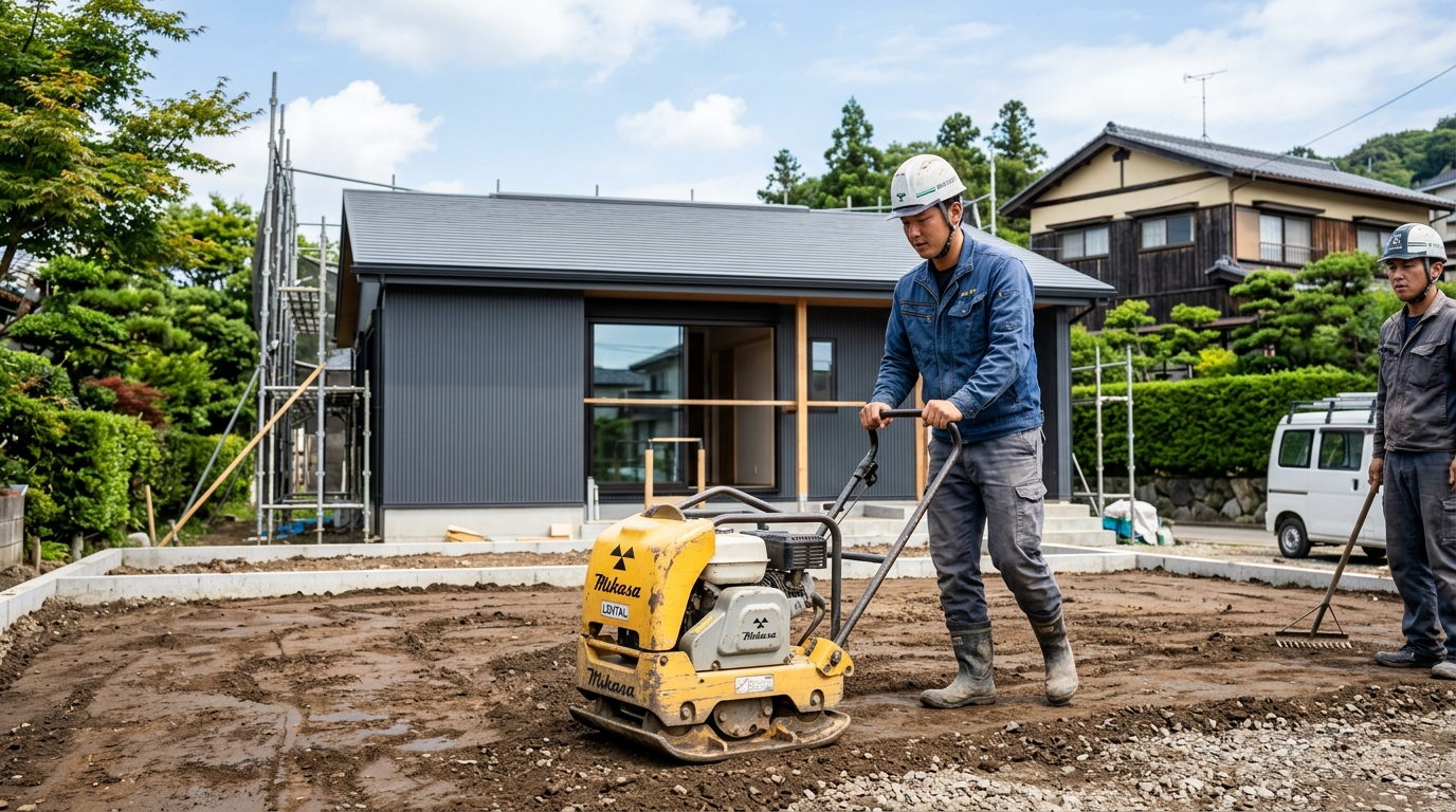 転圧機を使って地面を固めている様子。レンタルできる小型のものでOK。]