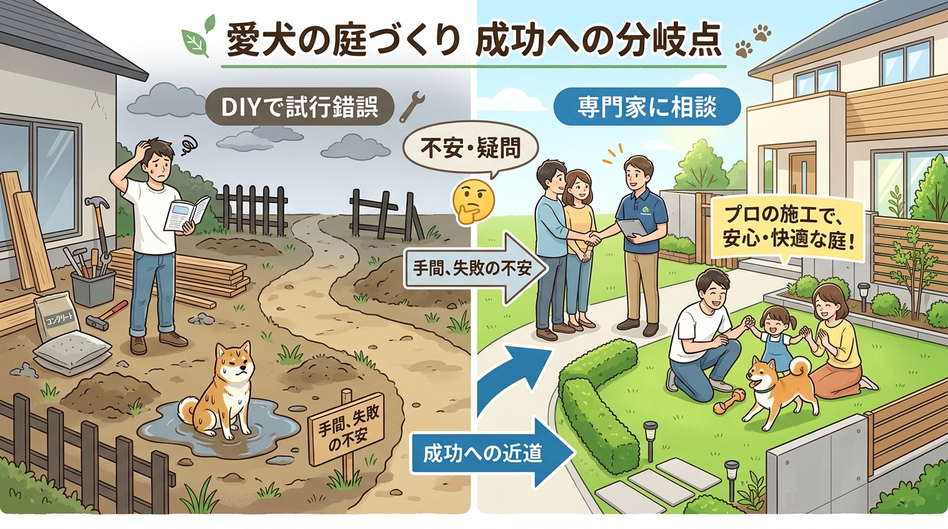 日本人と日本人の近代住宅・風景。参照画像の画風・テイスト・タッチでのイラストの作成。必要に応じてカラーにして。, 「愛犬の庭づくり 成功への分岐点」というタイトルのインフォグラフィック。左の道ではDI