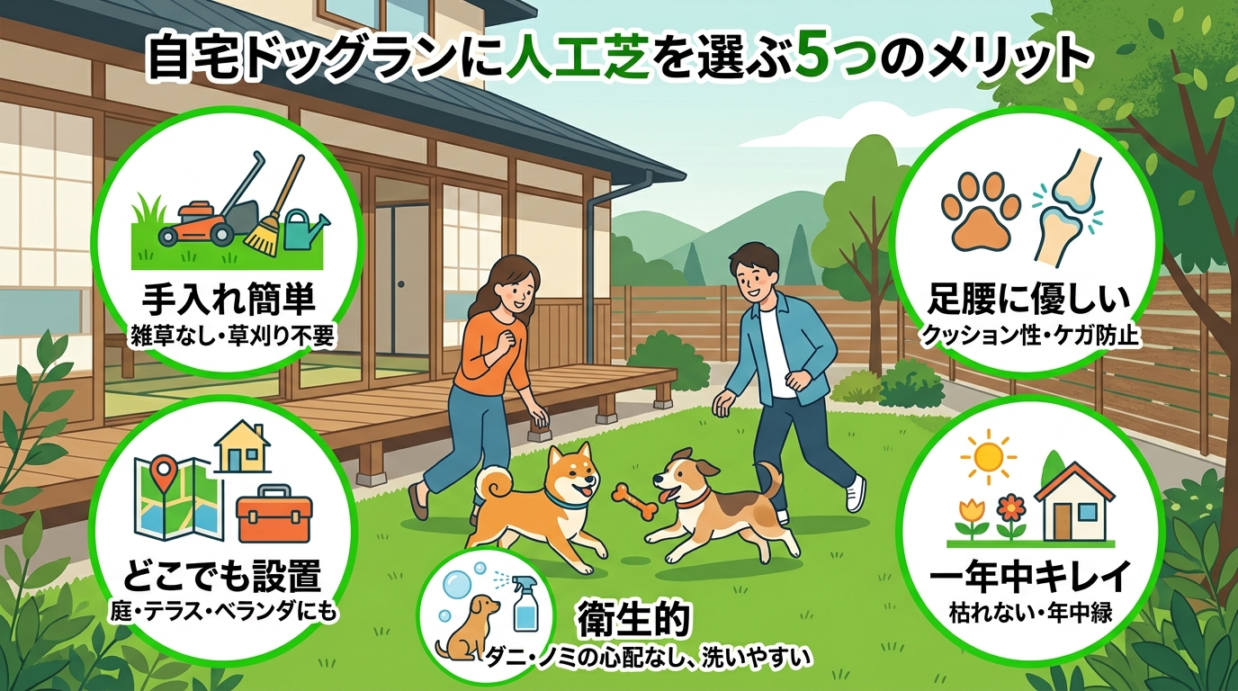 日本人と日本人の近代住宅・風景。参照画像の画風・テイスト・タッチでのイラストの作成。必要に応じてカラーにして。, 「自宅ドッグランに人工芝を選ぶ5つのメリット」をテーマにしたインフォグラフィック。中央