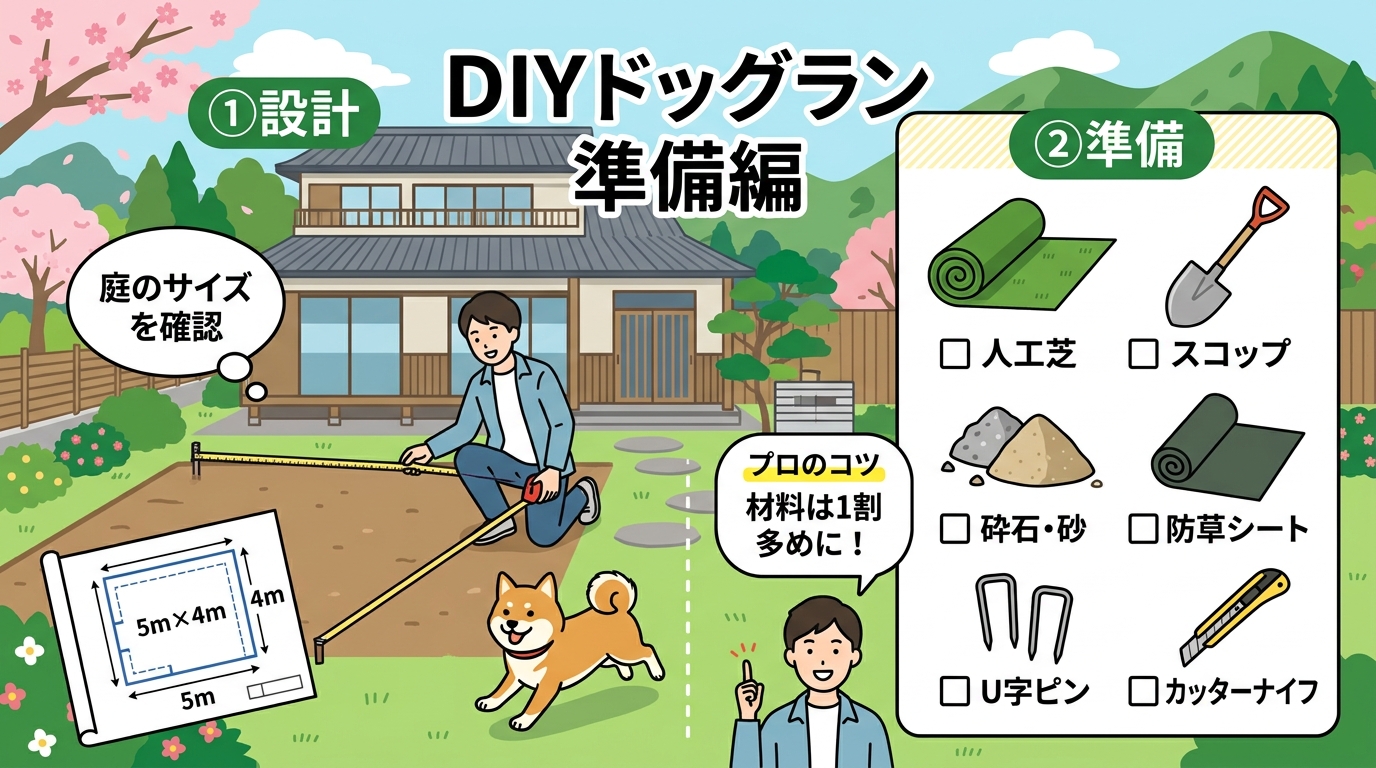 日本人と日本人の近代住宅・風景。参照画像の画風・テイスト・タッチでのイラストの作成。必要に応じてカラーにして。, DIYで人工芝ドッグランを作る「設計と準備」ステップのインフォグラフィック。明るく親し