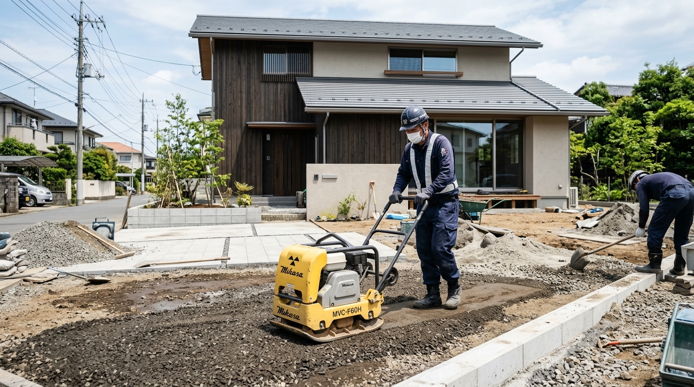専門業者が専用の機械（プレートコンパクターなど）を使って庭を整地している作業風景の写真]