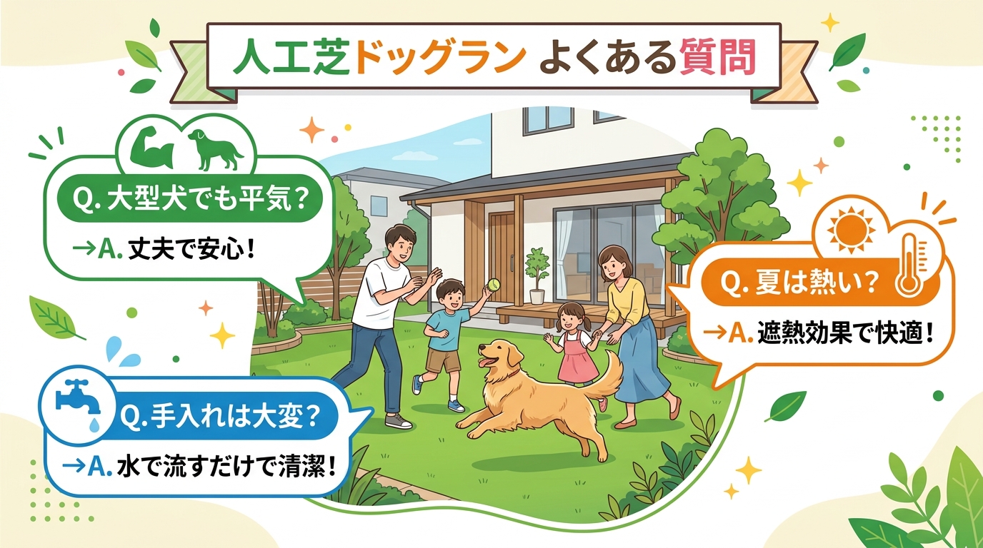 日本人と日本人の近代住宅・風景。参照画像の画風・テイスト・タッチでのイラストの作成。必要に応じてカラーにして。, 「人工芝ドッグラン よくある質問」というタイトルのインフォグラフィック。中央に、庭の人