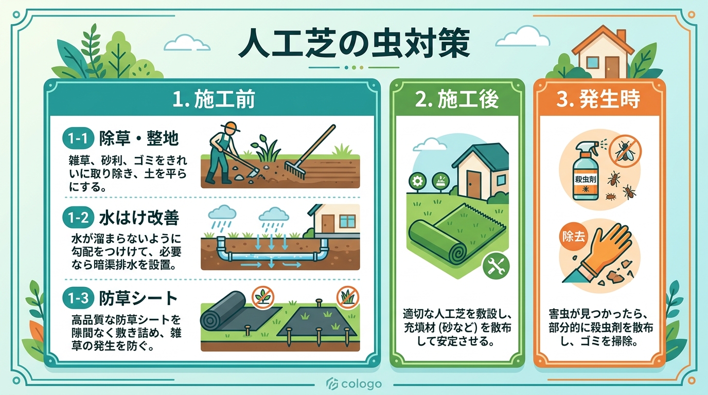 日本人と日本人の近代住宅・風景。参照画像の画風・テイスト・タッチでのイラストの作成。必要に応じてカラーにして。, 「人工芝の虫対策」をテーマにしたインフォグラフィック。3つのステップ「1.施工前」「2