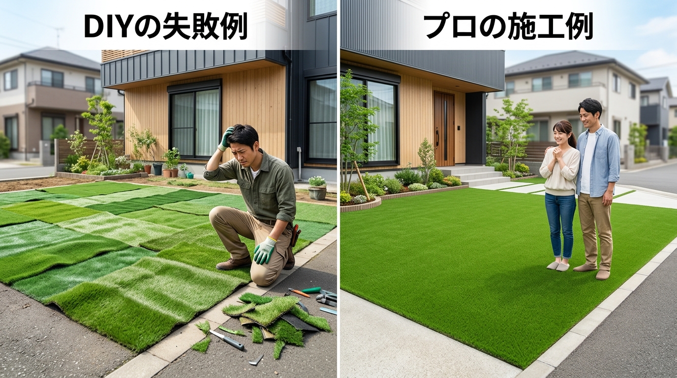 「DIYの失敗例」と「プロの施工例」を並べた比較写真。失敗例は芝の継ぎ目が目立ち、表面が波打っている。プロの施工例は継ぎ目が分からず、フラットで美しい仕上がり。]