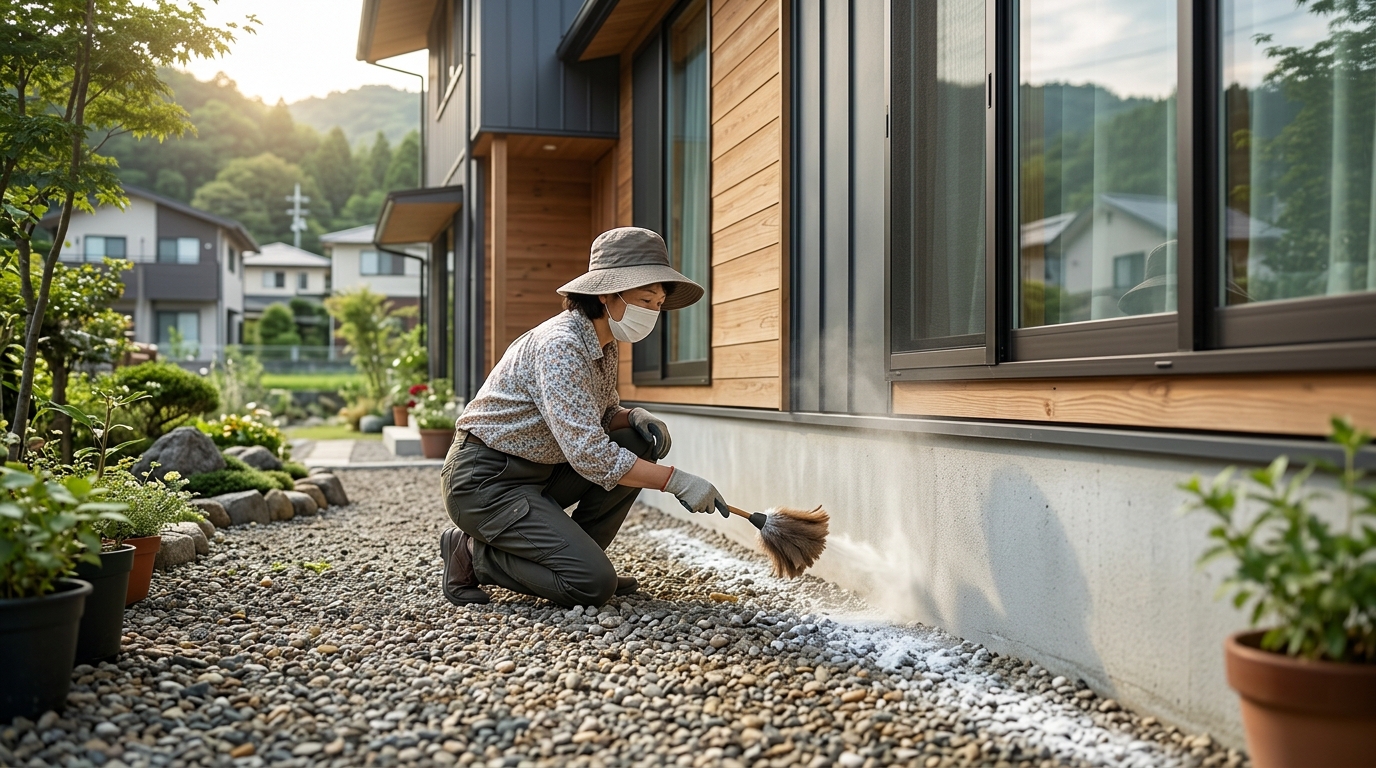 家の基礎部分に沿って、粉末状の殺虫剤を散布している様子の写真]