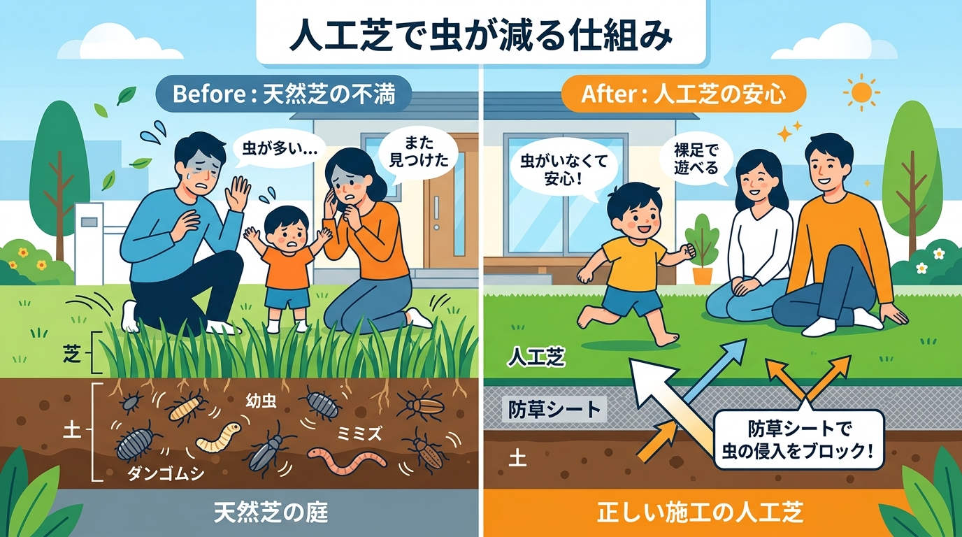 日本人と日本人の近代住宅・風景。参照画像の画風・テイスト・タッチでのイラストの作成。必要に応じてカラーにして。, 「人工芝で虫が減る仕組み」を解説するインフォグラフィック。左右の比較図形式。左は「天然