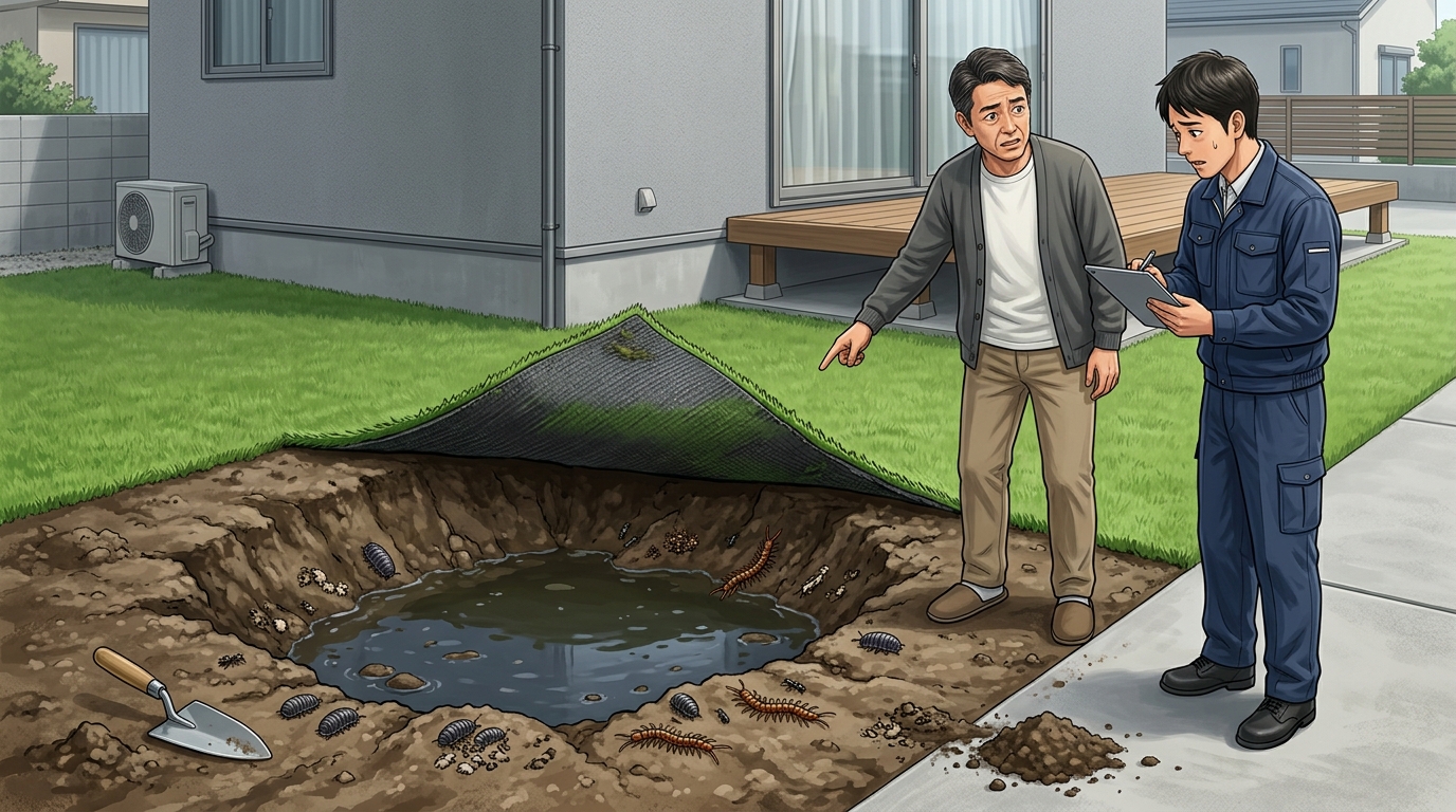 転圧が甘く、数年後に人工芝をめくったら地面が陥没し、水たまりと虫の巣になっていたという施工不良の事例写真。]