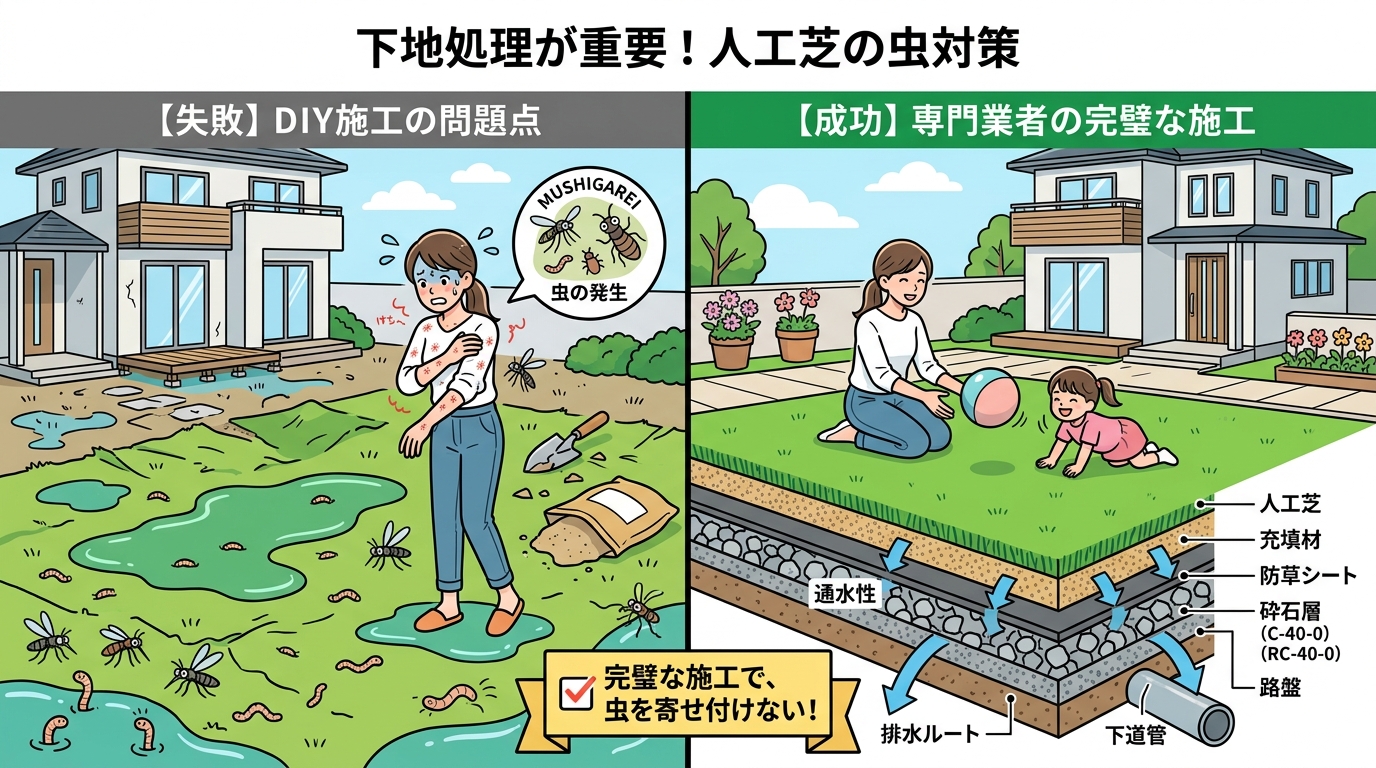 日本人と日本人の近代住宅・風景。参照画像の画風・テイスト・タッチでのイラストの作成。必要に応じてカラーにして。, 人工芝の虫対策に関するインフォグラフィック。画面を左右に分割した比較図で、「DIYの失