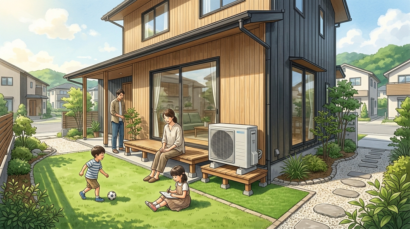 すのこや専用の架台を使って数cmかさ上げされた室外機の写真。その下にも人工芝が敷かれており、風通しが良く、掃除がしやすそうな様子がわかるもの。]