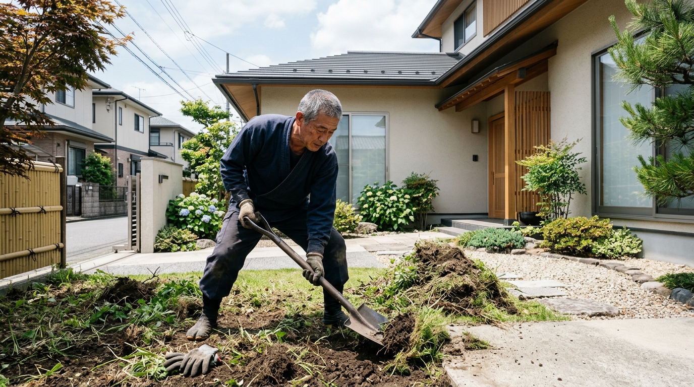 スコップで雑草や古い芝を剥がしている作業風景。]