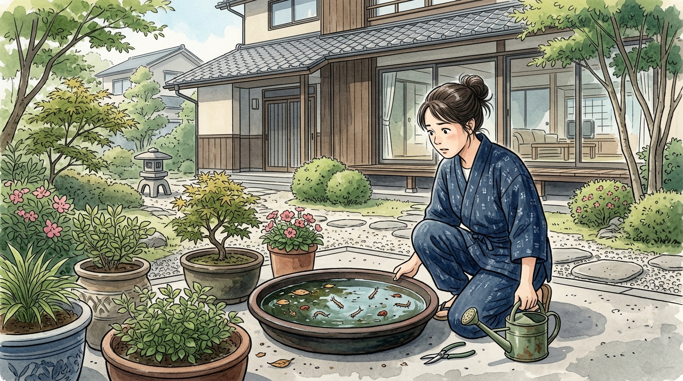 植木鉢の受け皿に水が溜まり、ボウフラが湧いている様子のクローズアップ写真。]