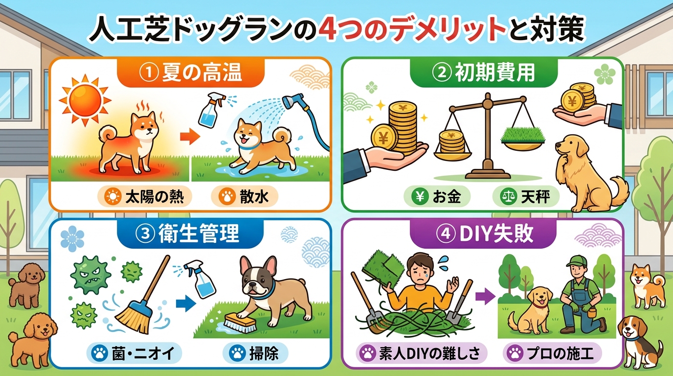 日本人と日本人の近代住宅・風景。参照画像の画風・テイスト・タッチでのイラストの作成。必要に応じてカラーにして。, 人工芝ドッグランの4つのデメリットと対策を示すインフォグラフィック。画面を4分割し、①